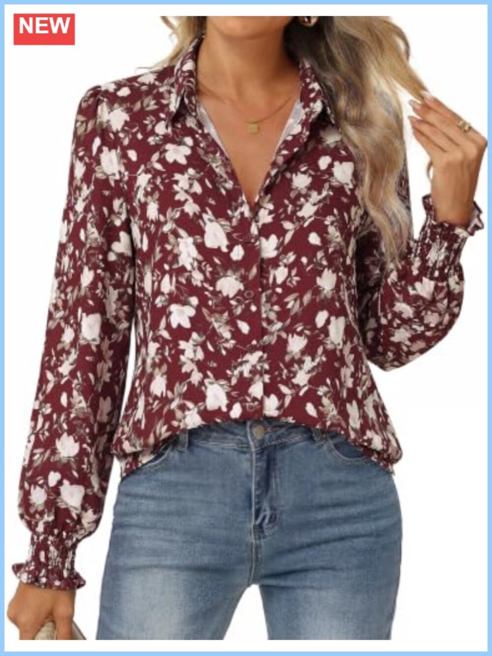 Boho Floral Button Down Blouse Long Sleeve Ruffled Cuffs Dressy Top
